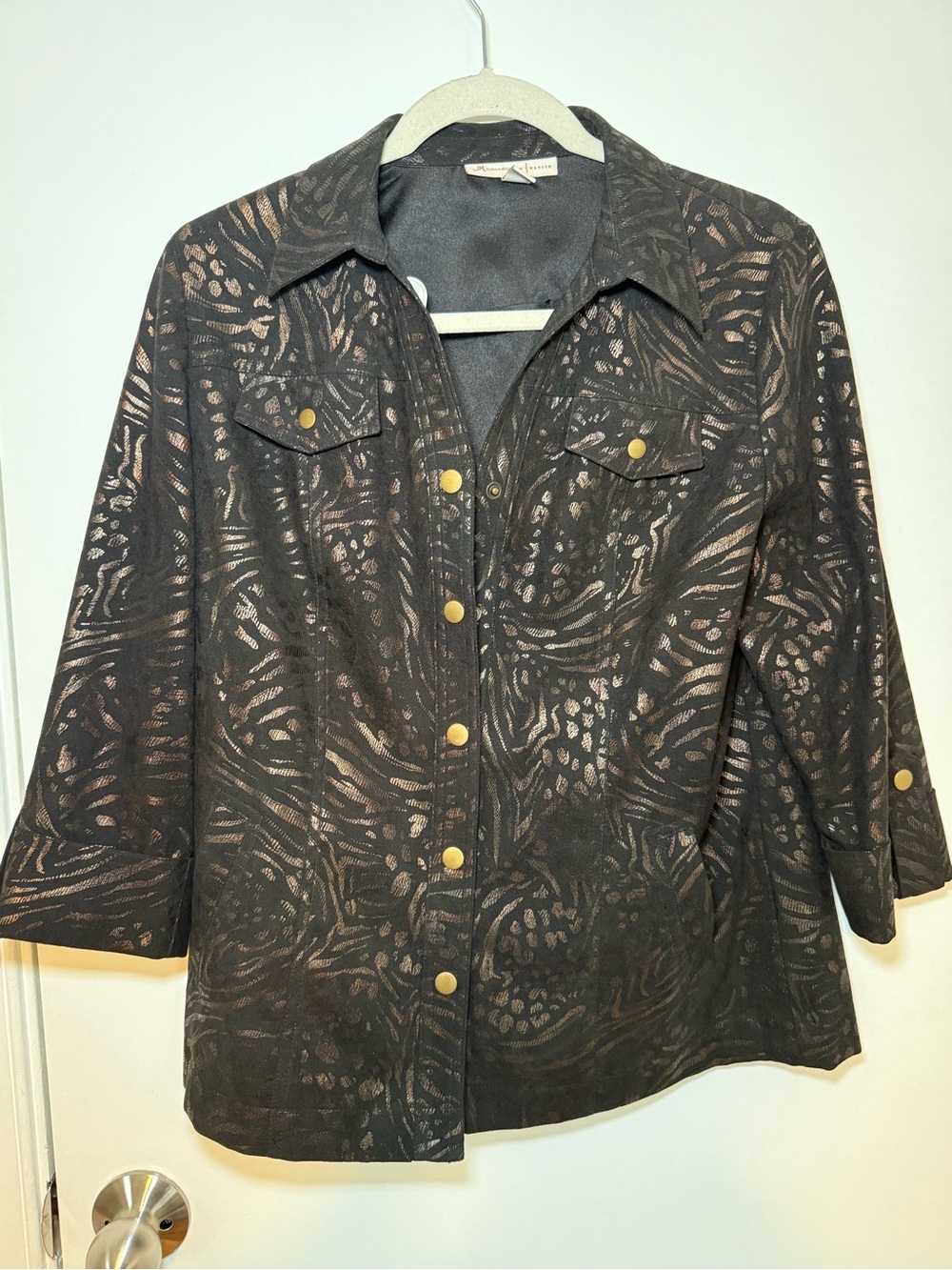 JM Collection Petite Black & Gold Animal Print Button Front Jacket
